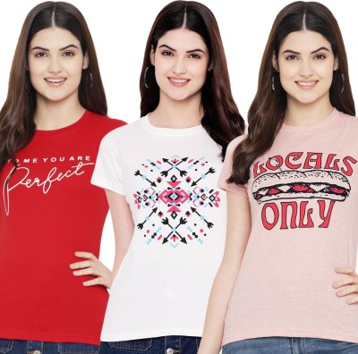 Fabflee Printed Women Round Neck Red, White, Pink T-Shirt