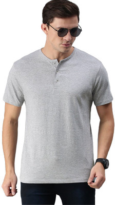 LazyChunks Solid Men Henley Neck Grey T-Shirt