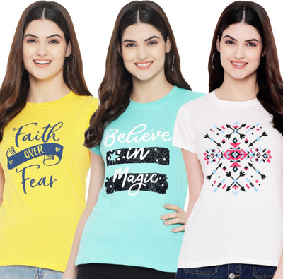 Fabflee Printed Women Round Neck Multicolor T-Shirt