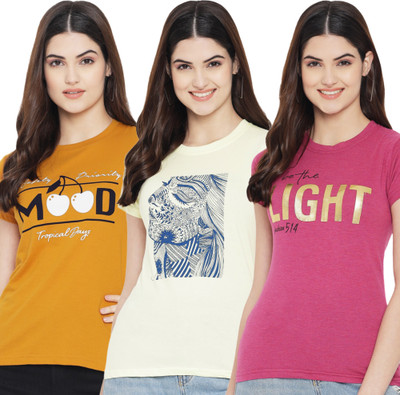 Fabflee Printed Women Round Neck Multicolor T-Shirt