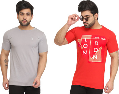 Kundan Typography, Solid Men Round Neck Red, Grey T-Shirt