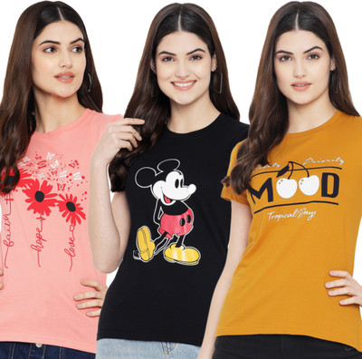 Fabflee Printed Women Round Neck Black, Pink, Yellow T-Shirt