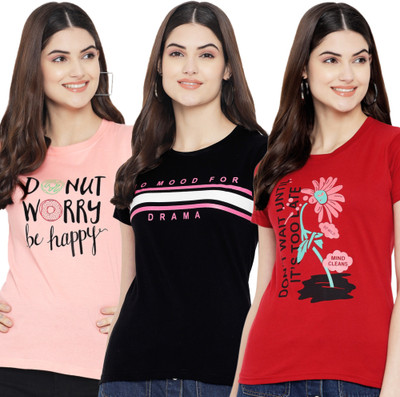 Fabflee Printed Women Round Neck Multicolor T-Shirt
