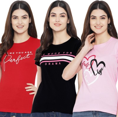 Fabflee Printed Women Round Neck Red, Black, Pink T-Shirt