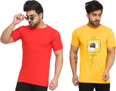 Kundan Printed, Solid Men Round Neck Red, Yellow T-Shirt