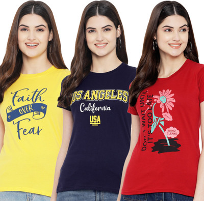 Fabflee Printed Women Round Neck Multicolor T-Shirt