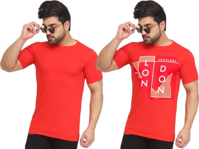 Kundan Typography, Solid Men Round Neck Red, Pink T-Shirt