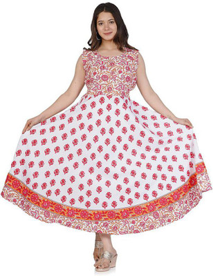 JAIPUR PRINTS Anarkali Gown(White, Red)