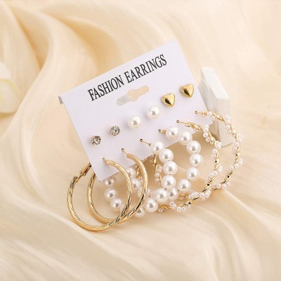 Vembley Combo 6 Pairs Fashion Gold Plated Crystal Pearl Studs Hoop Earrings Set Alloy Hoop Earring