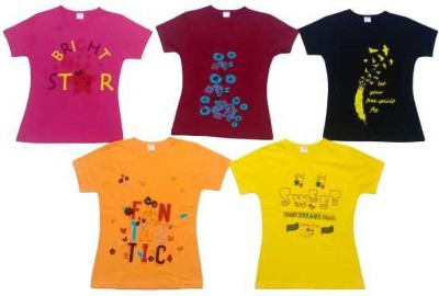 spm creations Girls Printed Pure Cotton Regular T Shirt(Multicolor, Pack of 5)