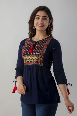 ANNU PARIDHAN Casual Embroidered Women Blue Top
