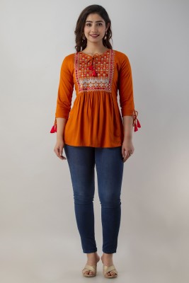 FASHIONHANGER Casual Embroidered Women Orange Top