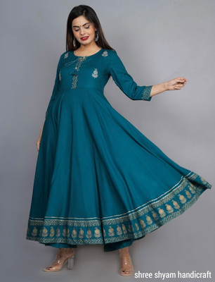 ShreeShyam Handicraft Women Embroidered Flared Kurta(Green)