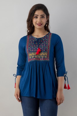 WOMENISHKURTI Women Embroidered Flared Kurta(Blue)