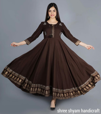 ShreeShyam Handicraft Women Embroidered Flared Kurta(Brown)