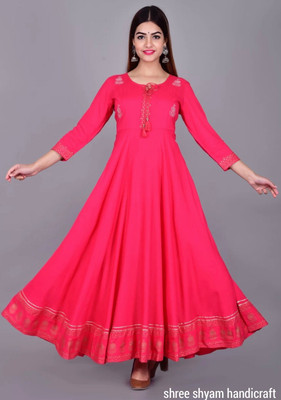 ShreeShyam Handicraft Women Embroidered Flared Kurta(Pink)