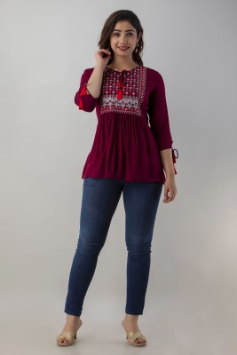 FASHIONHANGER Casual Embroidered Women Maroon Top