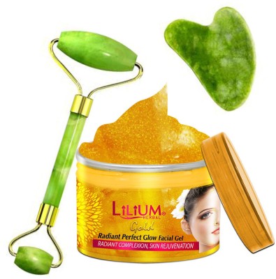 LILIUM Skin Rejuventation Perfect Glow Gold Facial Gel & Double Side Stone Face Roller(250 g)