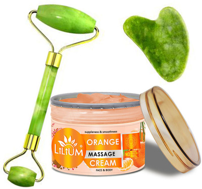 LILIUM Orange Paraben Free Face & Body Massage Cream & Double Side Stone Face Roller(2 Items in the set)