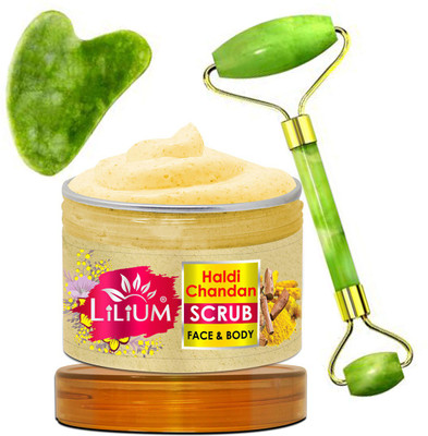 LILIUM Haldi Chandan Face & Body Scrub with Deep Exfoliating & Double Side Face Roller(2 Items in the set)