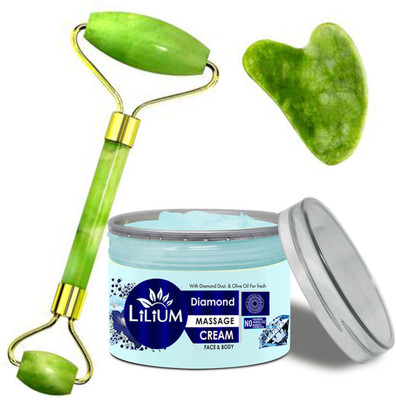 LILIUM Diamond Paraben Free Face & Body Massage Cream & Double Side Stone Face Roller(2 Items in the set)