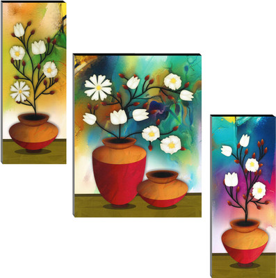 Indianara Set of 3 Flowers in Pots Framed Art Painting (4086FL) without glass Digital Reprint 18 inch x 12 inch Painting(With Frame, Pack of 3)