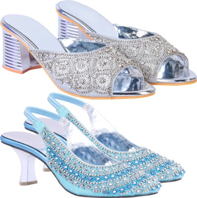 Zionk Women Heels(Silver, Blue , 5)