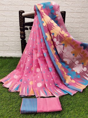 sarisa Self Design, Woven, Embellished Jamdani Jacquard, Cotton Blend Saree(Pink)