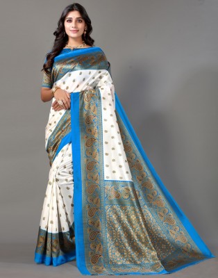 Samah Printed, Geometric Print, Floral Print Mysore Silk Blend Saree(Light Blue, White)