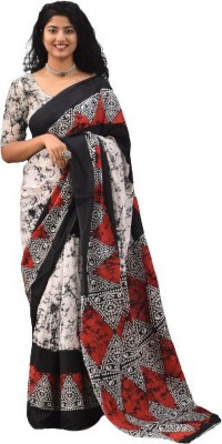 Kiaaron Printed Ikkat Pure Cotton Saree(Black)