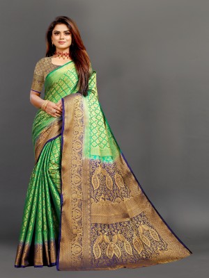 SEWELO FASHION Woven Banarasi Jacquard, Cotton Silk Saree(Gold, Green)