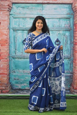 Kiaaron Hand Painted, Printed, Self Design, Blocked Printed Ikkat Pure Cotton Saree(Blue)