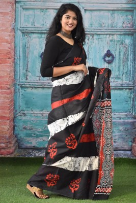 Kiaaron Hand Painted, Printed, Self Design, Blocked Printed Ikkat Pure Cotton Saree(Black)