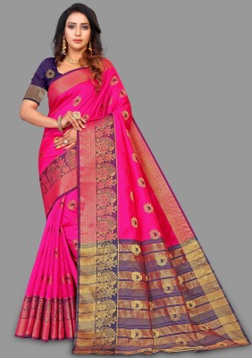 BAPS Self Design, Embroidered, Woven, Floral Print Kanjivaram Cotton Blend, Art Silk Saree(Gold, Pink)