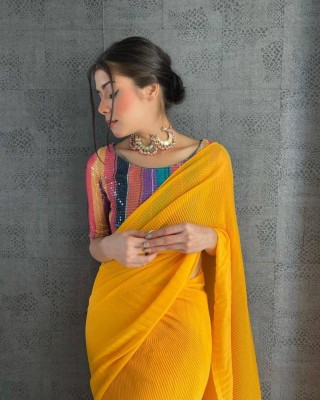 SPUNIQUEFASHION Solid/Plain Bollywood Georgette Saree(Yellow)