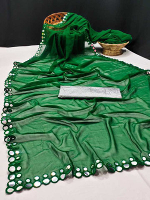 The Fashion Tax Woven, Embellished, Solid/Plain Bollywood Georgette Saree(Green)