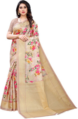 Kanooda Prints Printed Mysore Art Silk Saree(Beige)