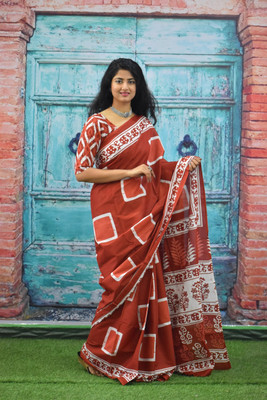 Kiaaron Hand Painted, Printed, Self Design, Blocked Printed Ikkat Pure Cotton Saree(Maroon)