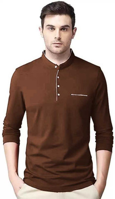 Adorbs Solid Men Mandarin Collar Brown T-Shirt