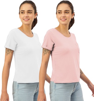 FREECULTR Solid Women Round Neck White, Pink T-Shirt