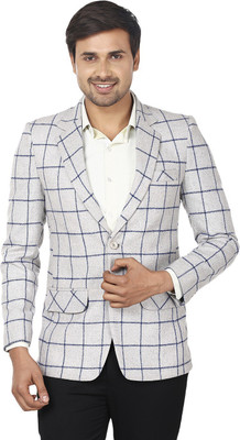 Essentiele Checkered Single Breasted Casual Men Blazer(Grey)