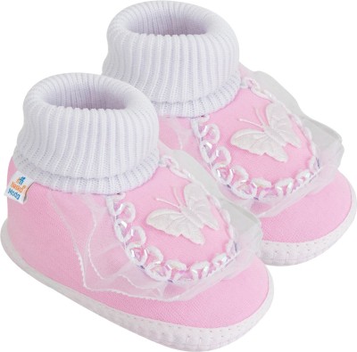 Neska Moda 3 To 12 Months Baby Boys & Baby Girls Cute Cotton Pre-Walker Butterfly Frill Booties(Toe to Heel Length - 12 cm, White, Pink)