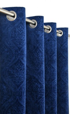 Fabrilia 274 cm (9 ft) Velvet Room Darkening Long Door Curtain (Pack Of 2)(Motif, Navy Blue)