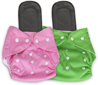 Stakipo Medium Cloth Button Diaper Combo - 2 diaper with black insert (pink green)
