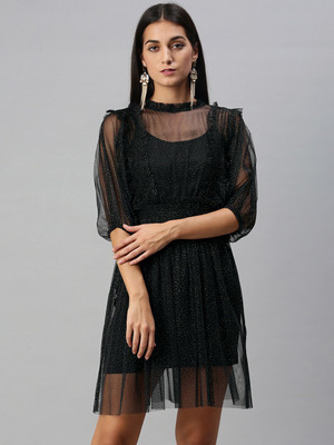 KASSUALLY Women Fit and Flare Black Above Knee/Mid Thigh Length Dress
