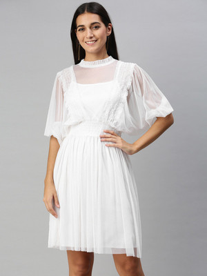 KASSUALLY Women Fit and Flare White Above Knee/Mid Thigh Length Dress