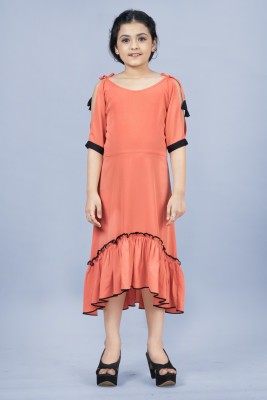 Mirrow Trade Girls Calf Length Casual Dress(Orange, Half Sleeve)