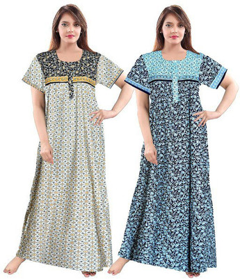 JWF Women Nighty Set(White, Blue)