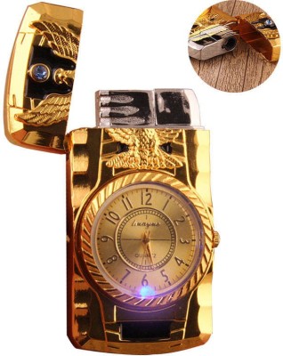 Explorer Golden Pocket Watch Size Jet Flame Lighter A025 | Butane Gas Refillable System ™ Jet Flame Watch Lighter&Flashing Light 4 Colors in Watch|Metal Body Pocket Lighter(Golden)