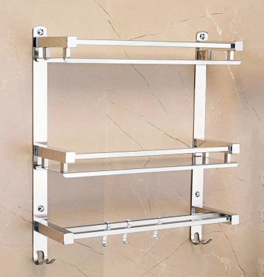 Hutson Multipurpose 3-Tier Bathroom Shelf with Towel Holder & Towel Hooks Stainless Steel Wall Shelf(Number of Shelves - 3, Steel)